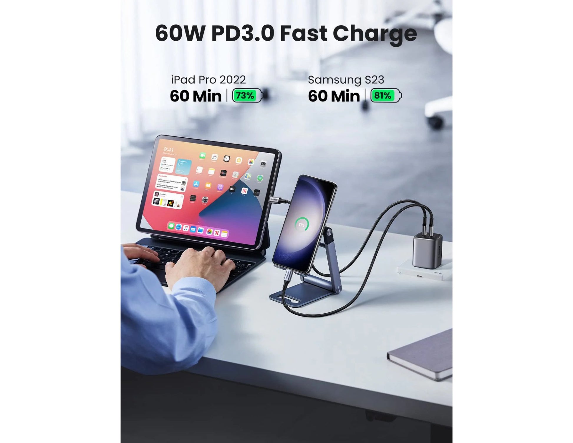UGREEN USB-C to USB-C PD Fast Charging Cable 60W 1M Braided Nylon – US261 with iPad Pro 2022 and Samsung S23 on a desk.