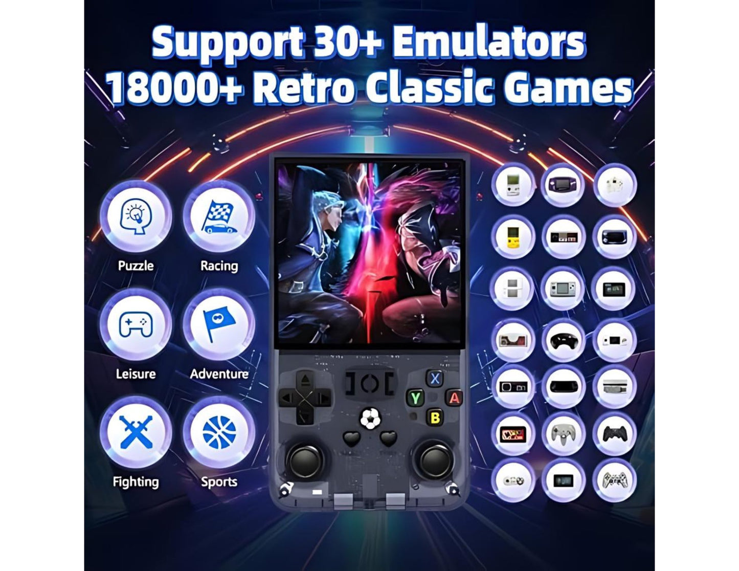Gaming device with retro classic games and emulators on a dark background