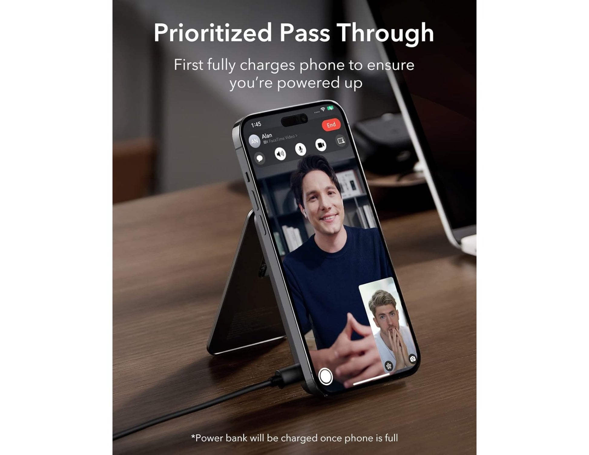 Phone with screen displaying a video call on a wooden surface with text 'Prioritized Pass Through'.