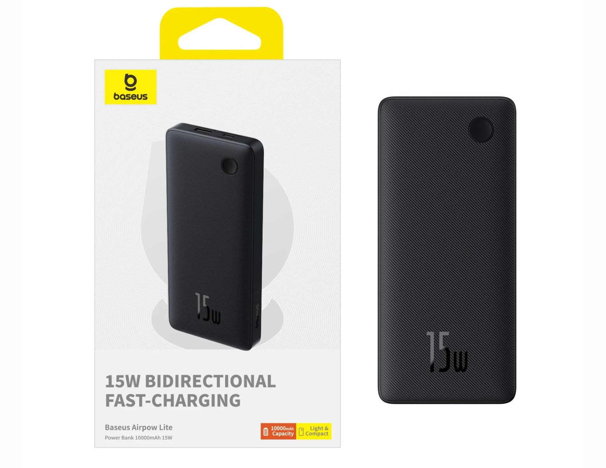 Black power bank with '15W' marking on packaging and product