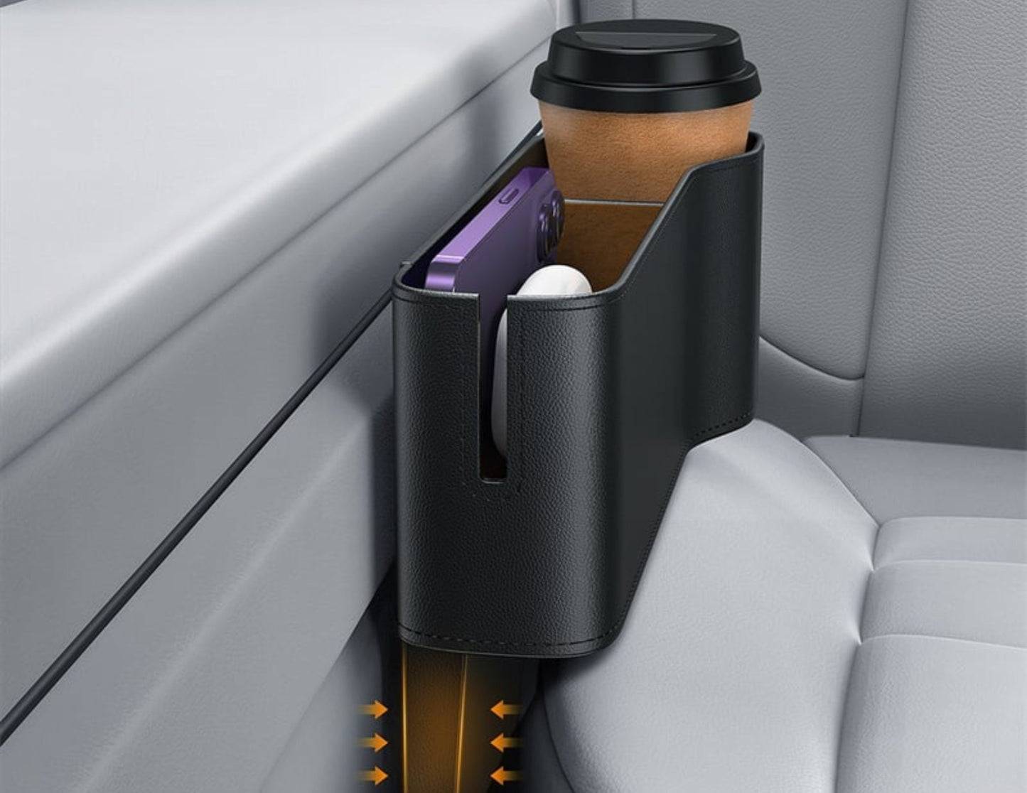 Car cup holder organizer with a coffee cup, phone, and other items inside, attached to a car seat.