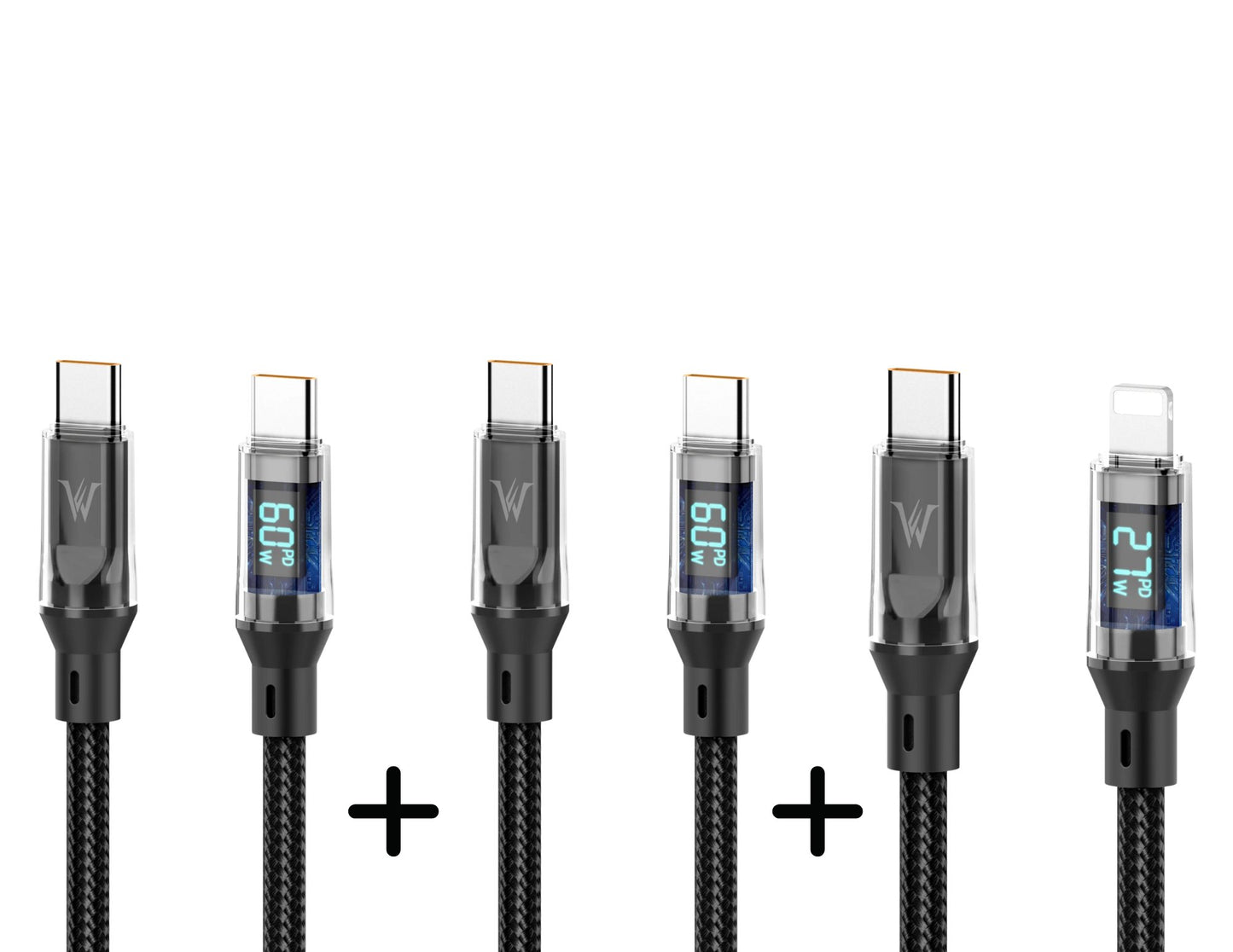Set of six USB cables with digital displays on a white background