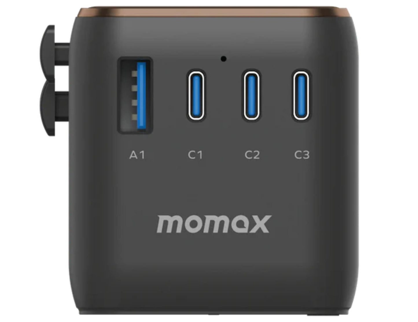 Black USB hub with four ports and 'momax' branding on a white background