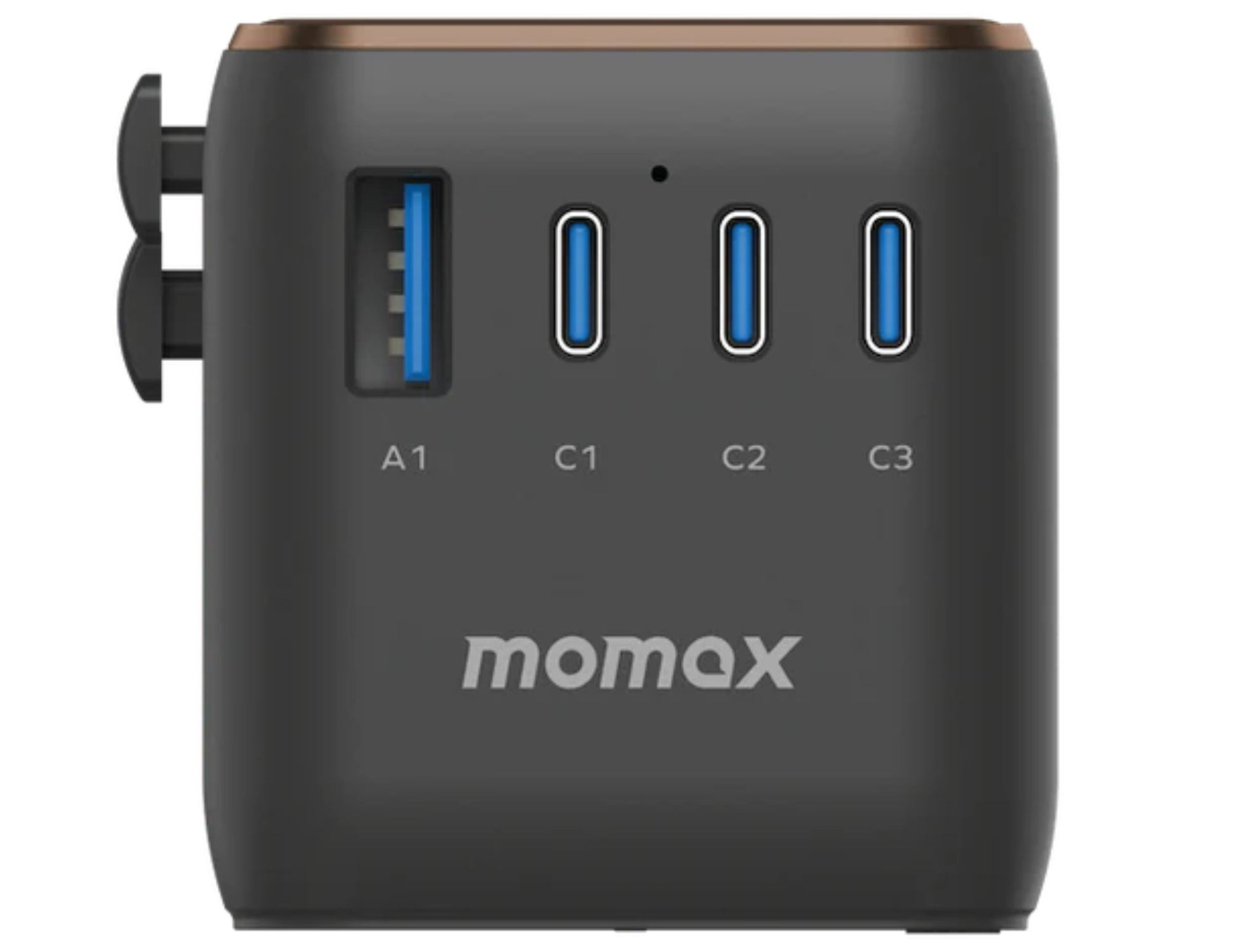 Black USB hub with four ports and 'momax' branding on a white background