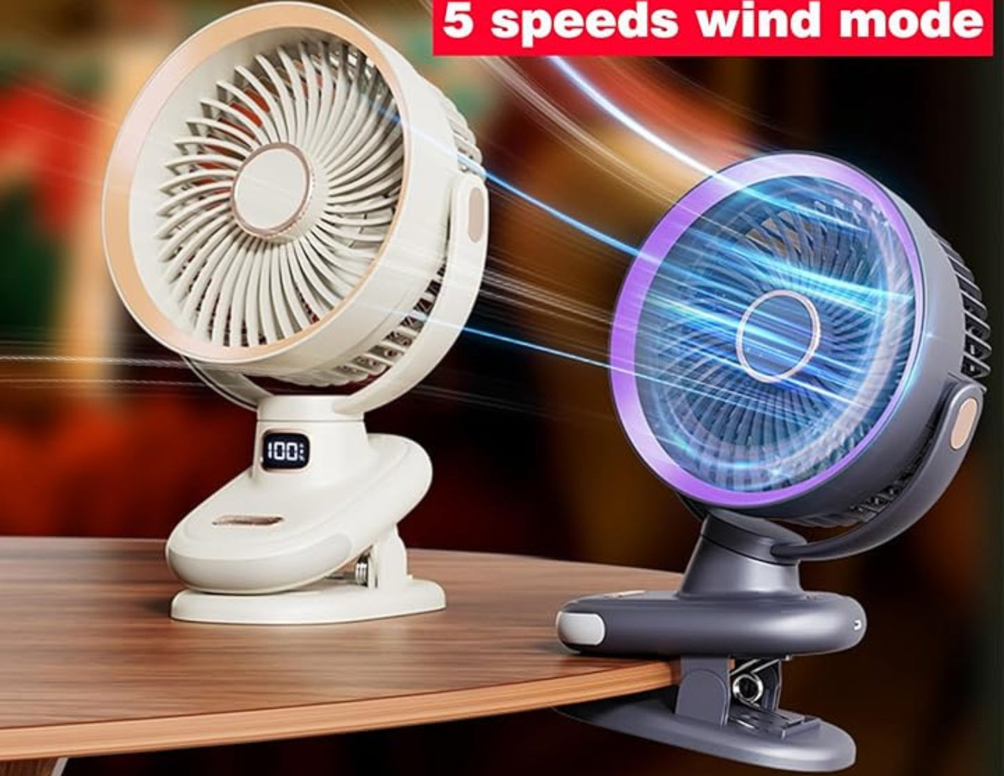 Two clip-on fans with '5 speeds wind mode' text on a blurred background