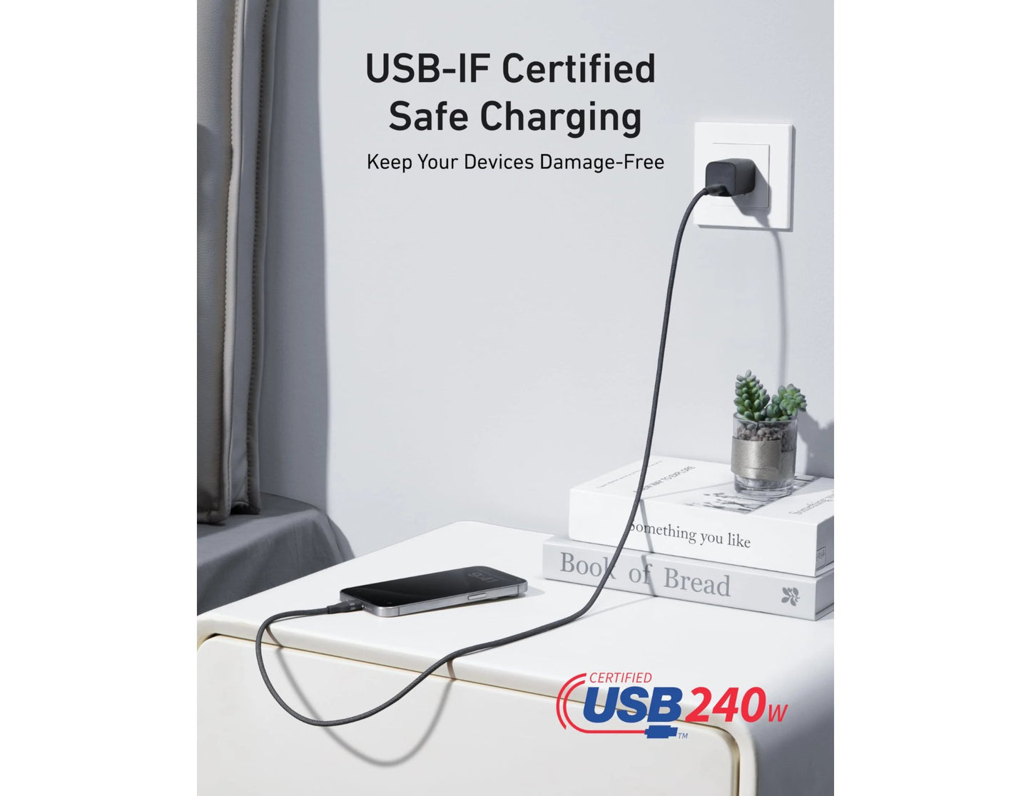 Anker USB-C to USB-C Cable 240W 6ft / 3ft Black A82E2H12 / A82E2H11 connected to a device on a table with 'USB-IF Certified Safe Charging' text.
