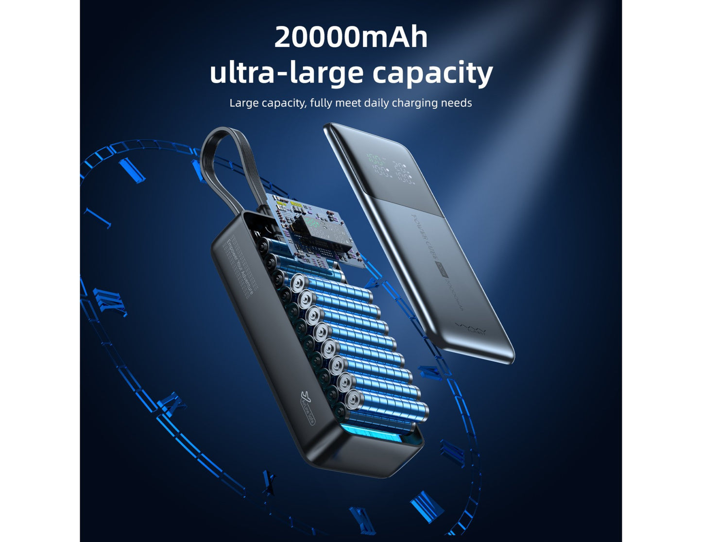 Power bank with 20000mAh capacity and smartphone on a dark blue background