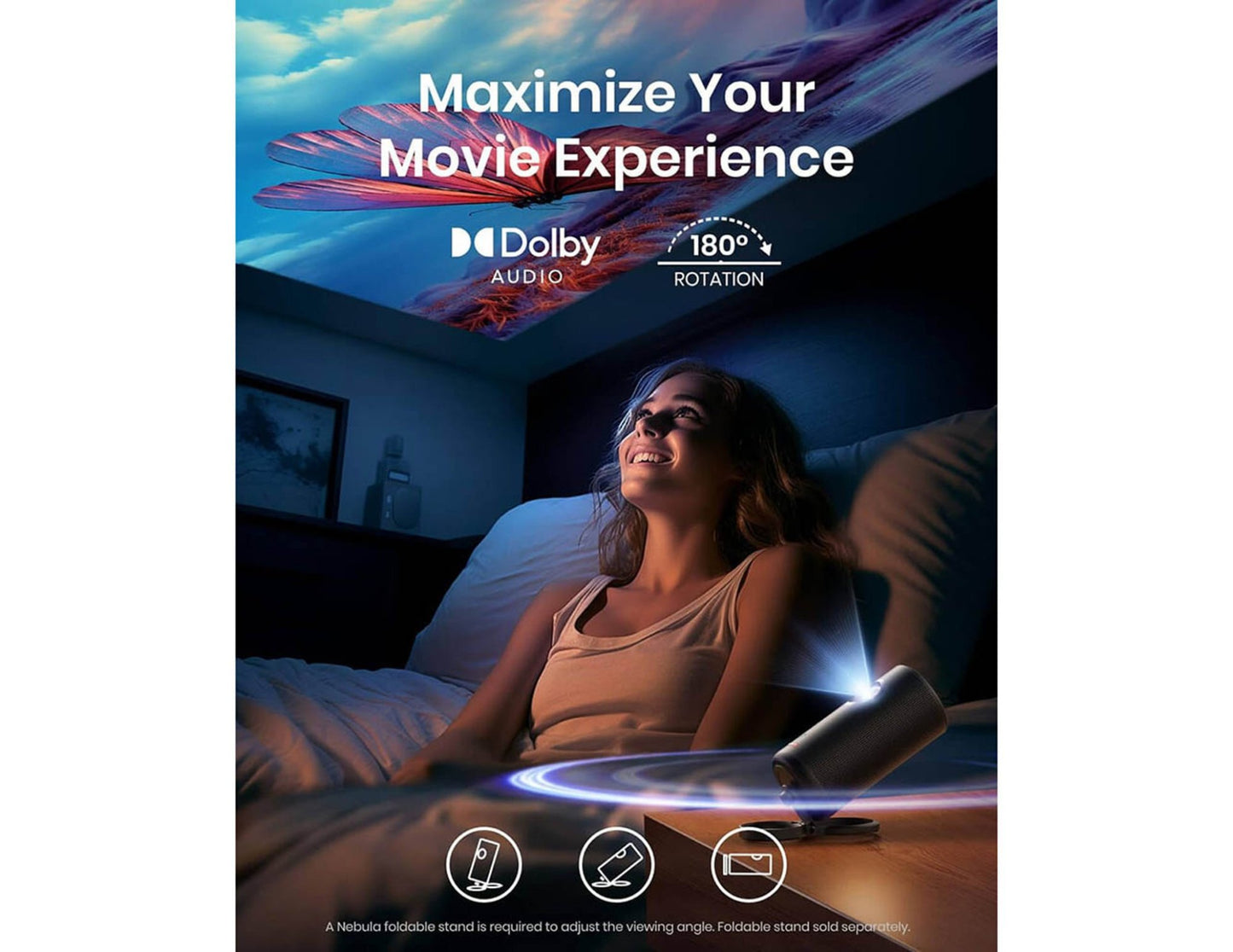Woman watching a movie with Dolby audio and 180-degree rotation text overlay.