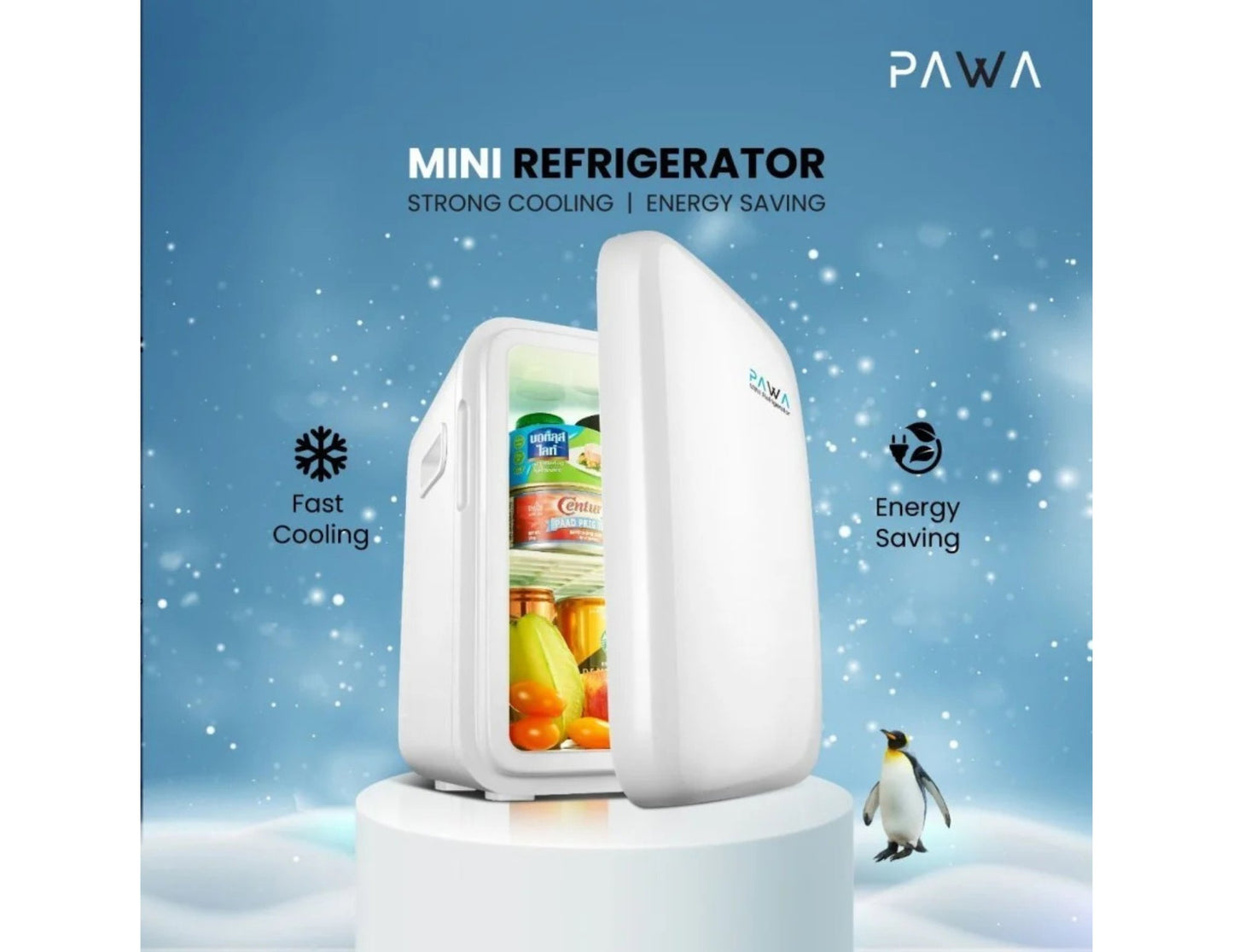 PAWA Mini Refrigerator 10L PW10LMR-WH with open door showing food items on a snowy background, featuring the Pawa brand.