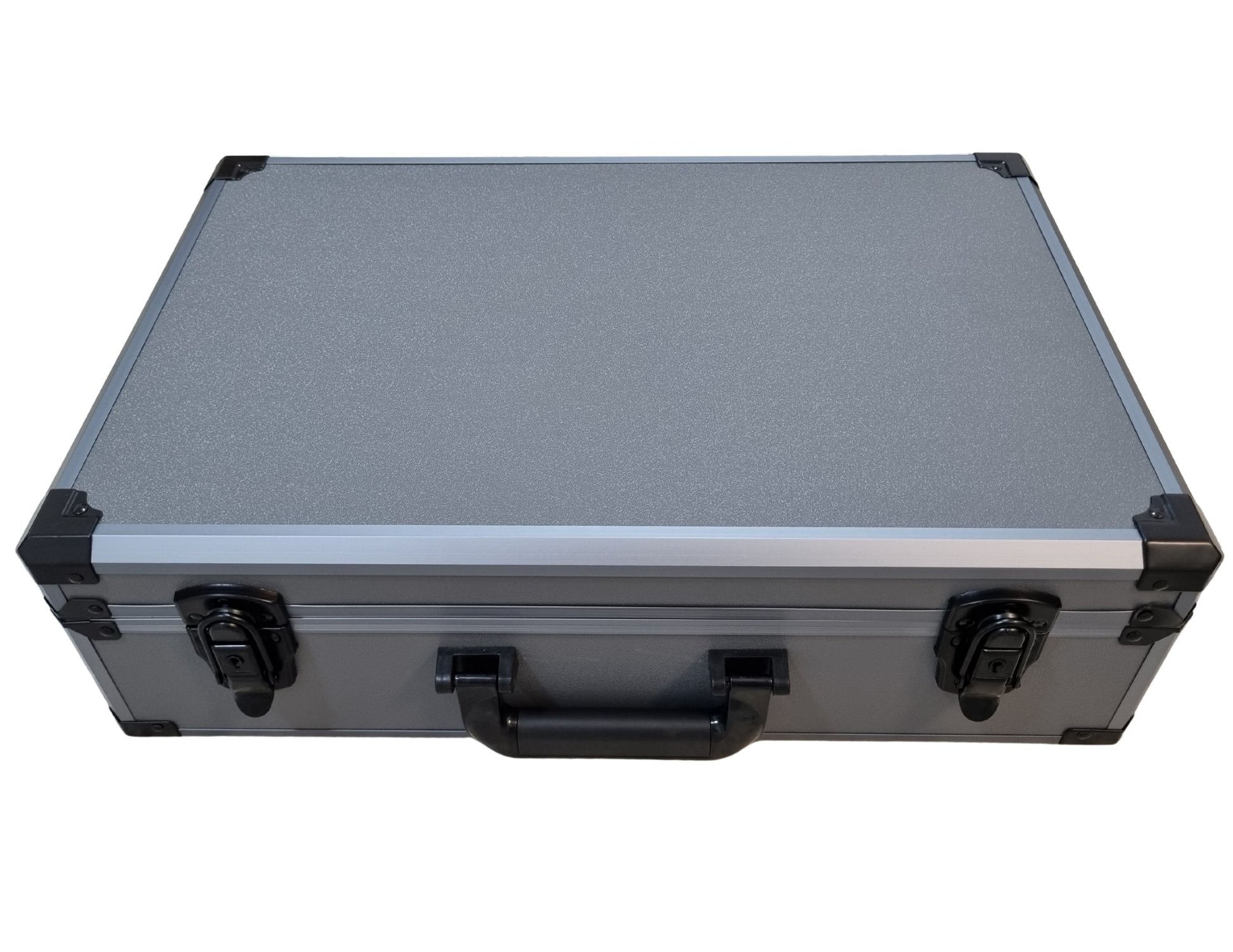 Silver toolbox with black corners and handle on a white background