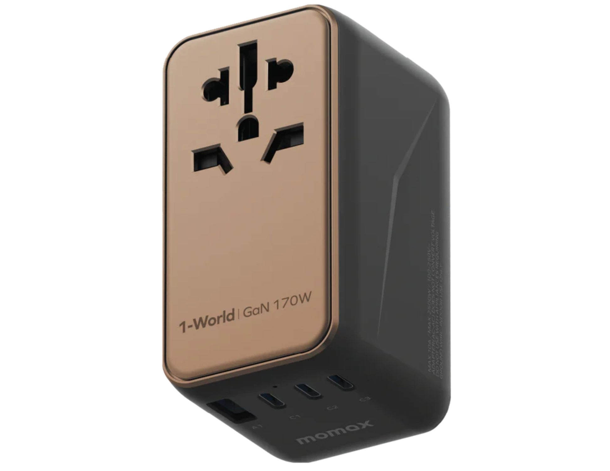 Travel adapter with multiple sockets on a white background