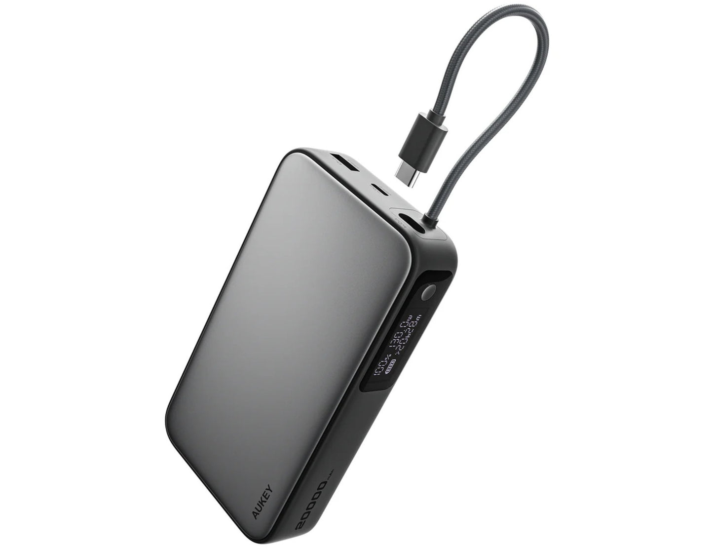 Aukey PB-Y43P Sprint X 130W PD 20000mAh Power Bank – Gray with cable on a white background