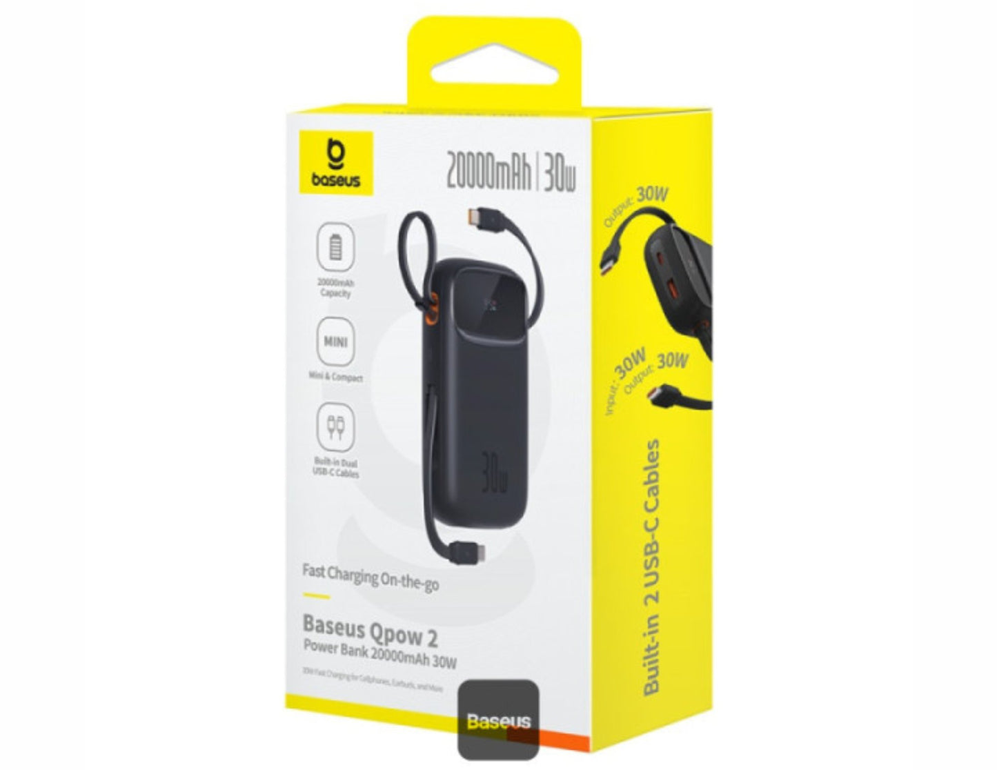 Baseus power bank packaging with yellow and white design on a white background