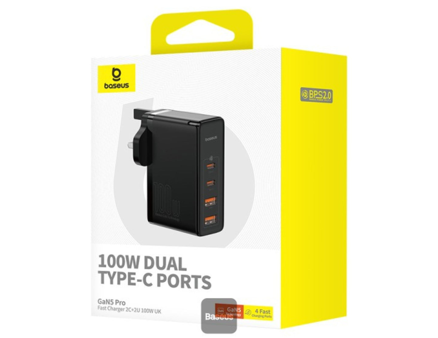 شاحن سريع Baseus GaN5 Pro بقوة ١٠٠ واط وأربعة منافذ P10110829113-00 | قابس المملكة المتحدة + كابل من النوع C بقوة ١٠٠ واط (١ متر) - أسود