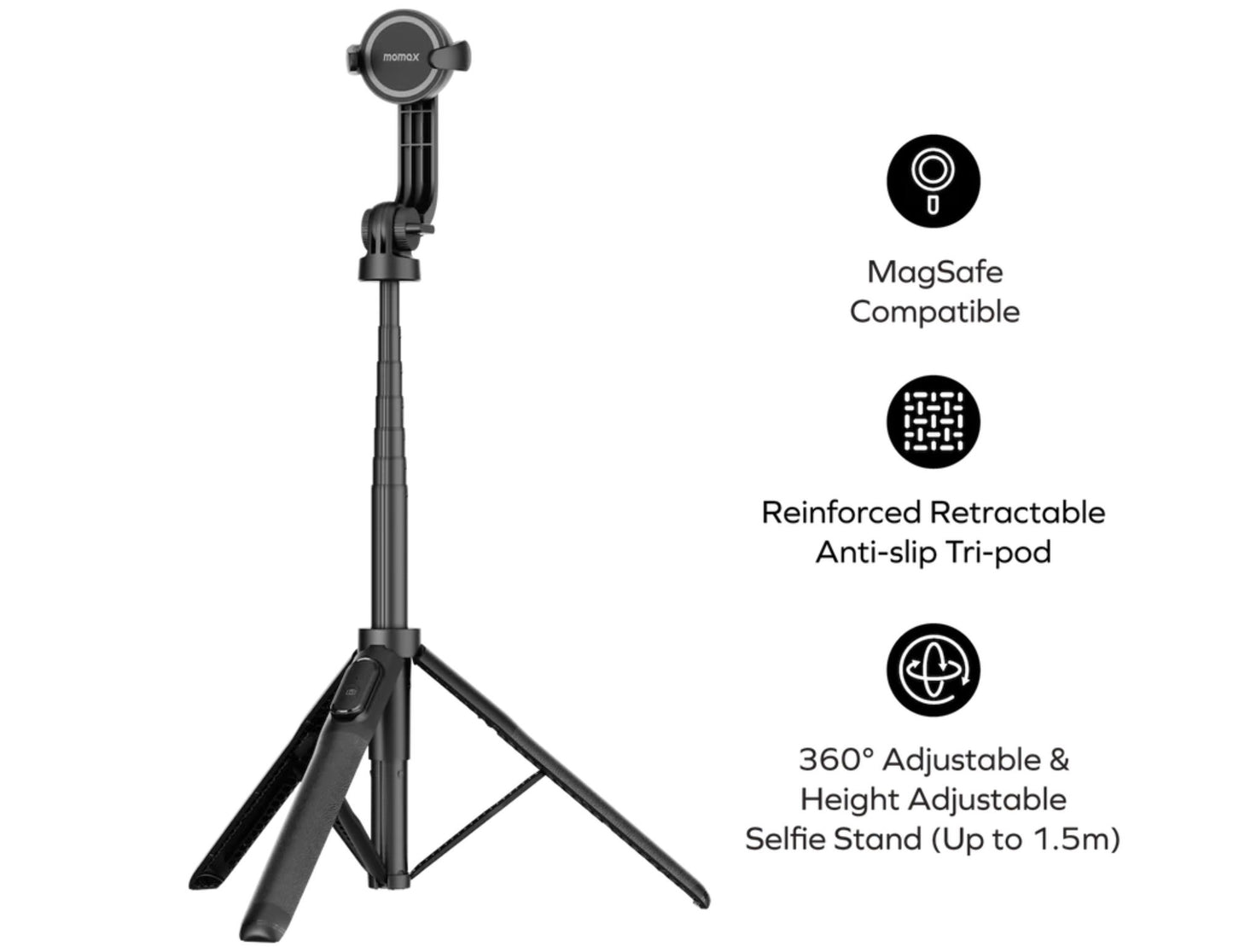 Black Momax 1-Snap Pole Magnetic Tripod Selfie Stick with Wireless Remote – KM17D with MagSafe compatibility on a white background