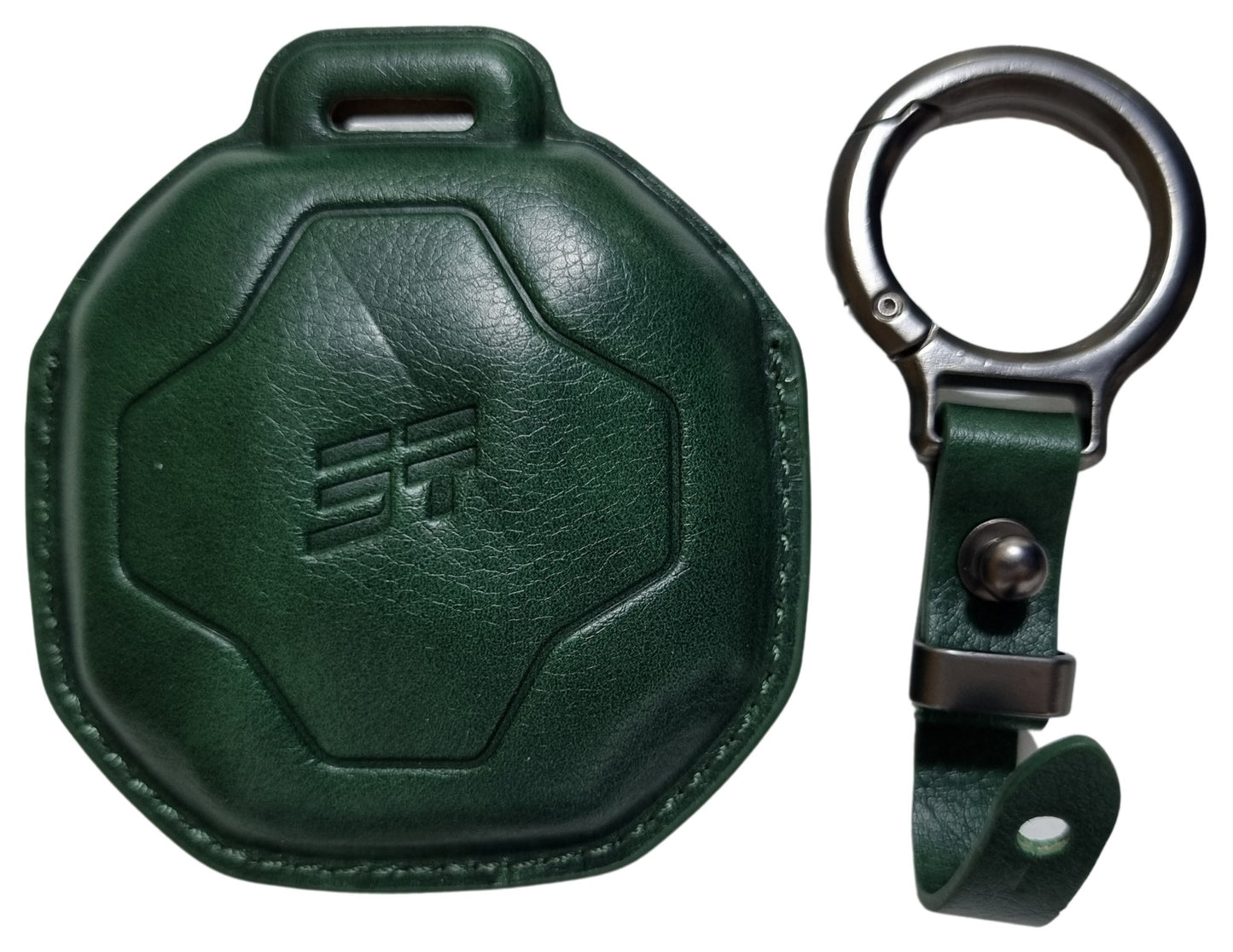 Jetour T2 Car Key Cover – Alcantara / Leather Finish with a ring and attached keychain on a white background