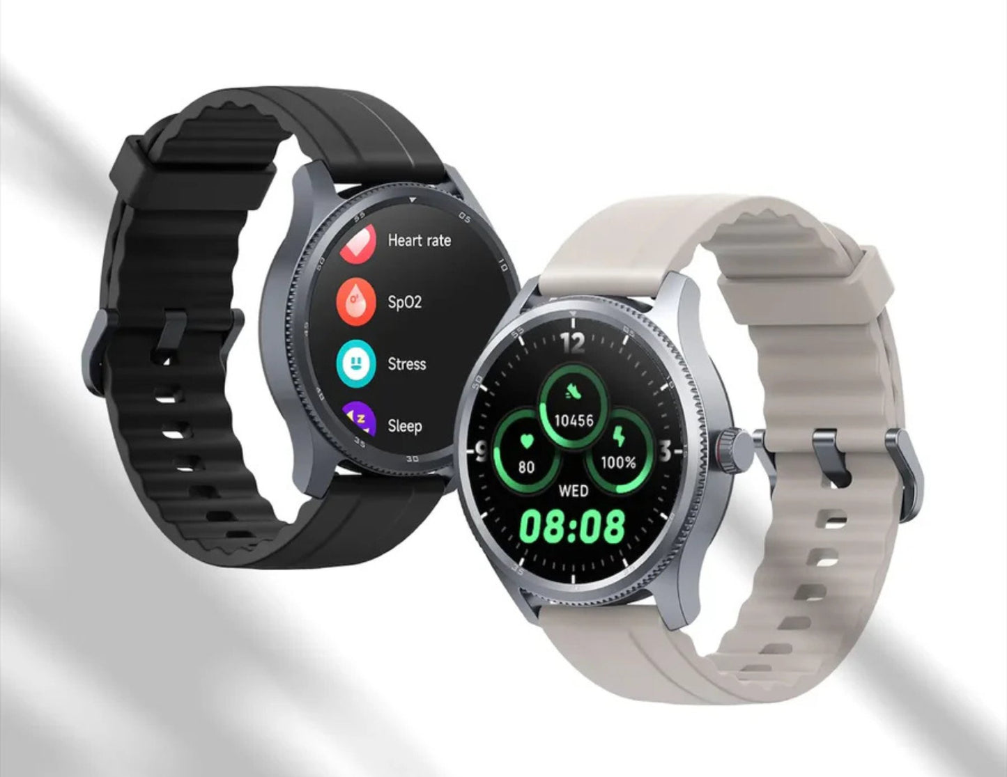 Two smartwatches with different band colors on a gradient background