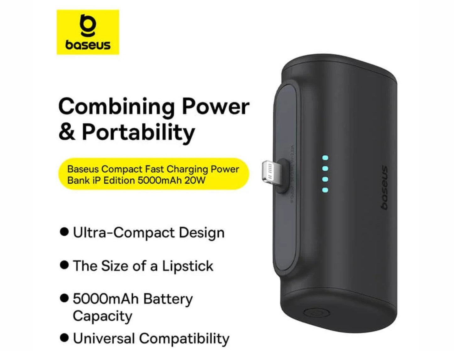 Baseus power bank with features listed on a white background