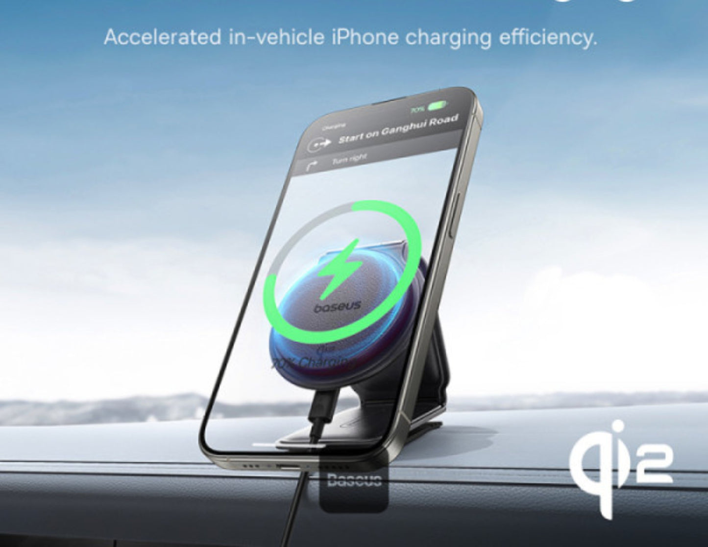 Phone mounted on a car dashboard with charging app displayed, featuring the Qii logo.