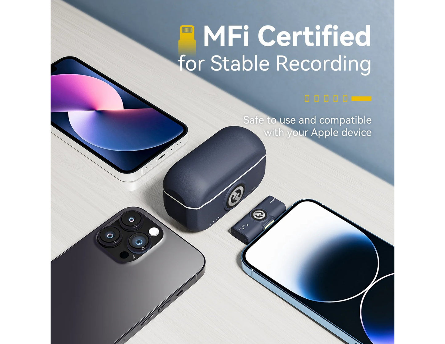 Two smartphones and a small device on a light surface with 'MFi Certified for Stable Recording' text.