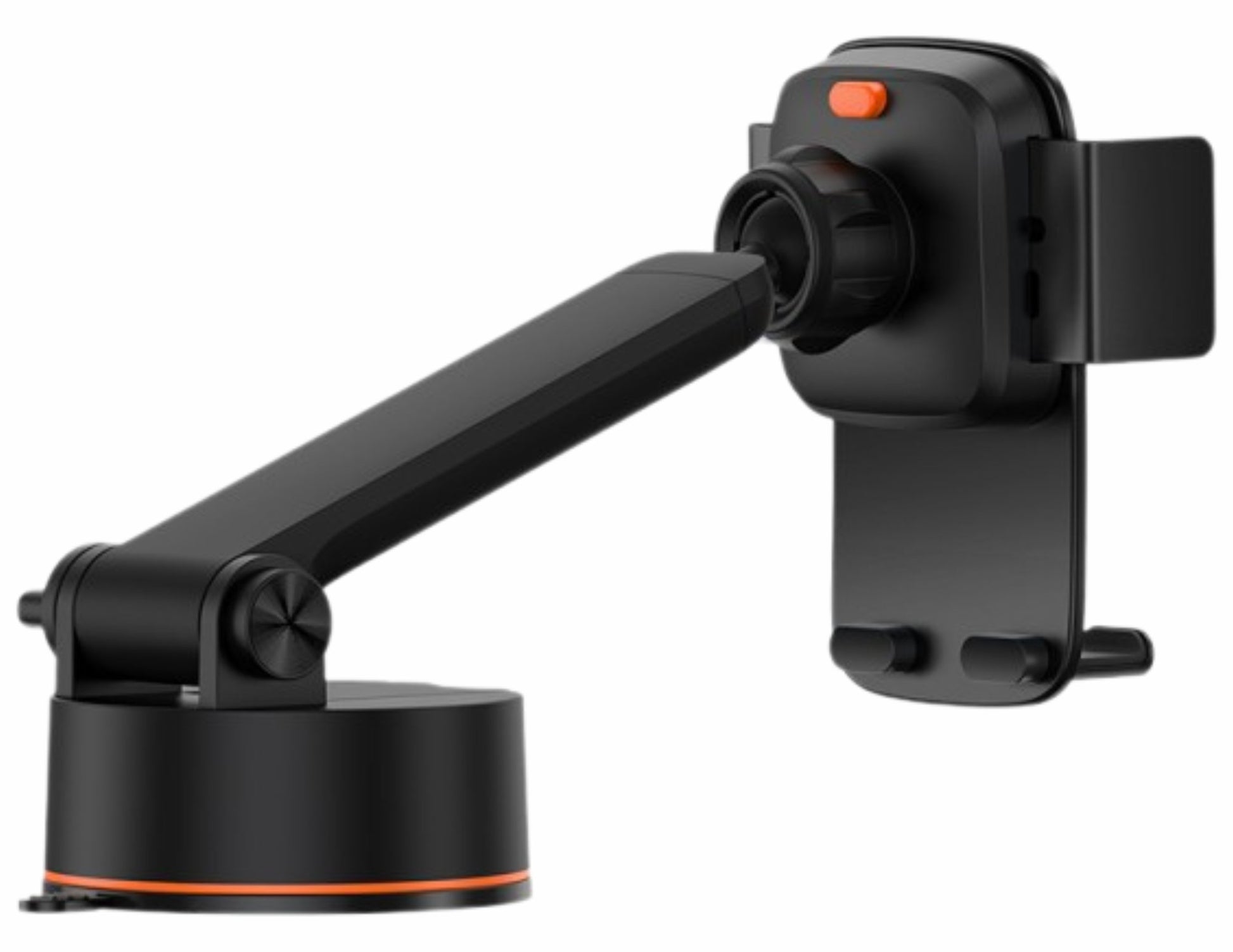 Black camera mount with arm on a white background