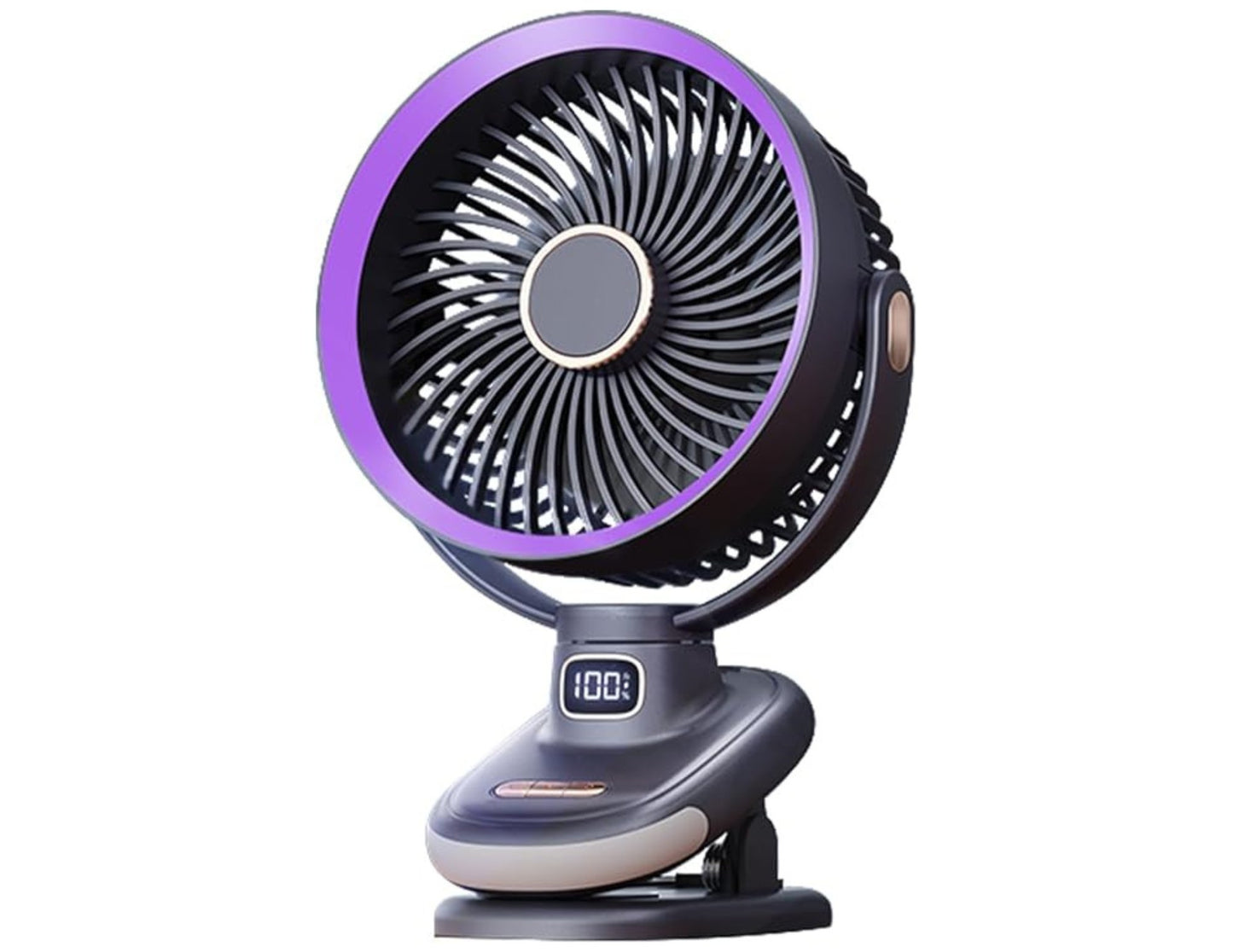 Portable fan with purple rim and digital display on a white background