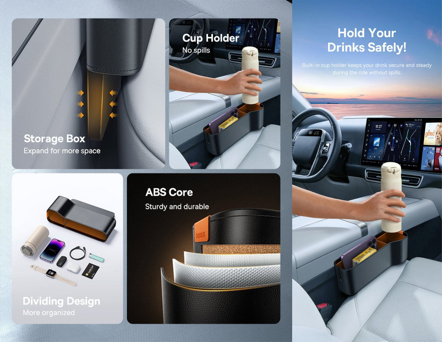 Collage of a car cup holder with storage box, ABS core, and dividing design features.