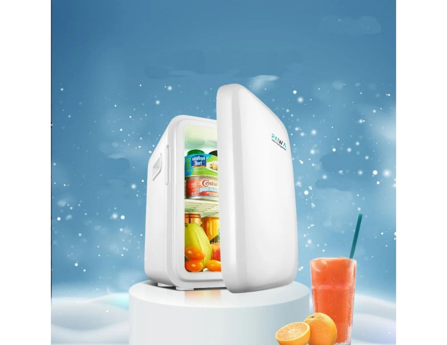 PAWA Mini Refrigerator 10L PW10LMR-WH with drinks on a snowy background