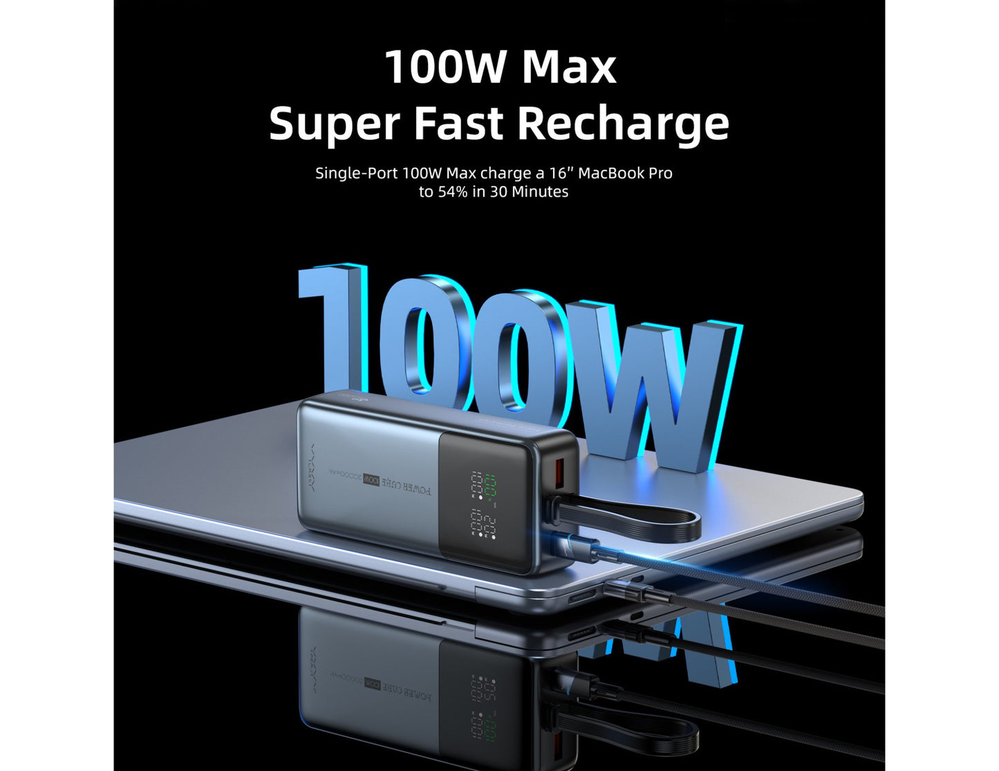 100W Max Super Fast Recharge device with text on a reflective surface