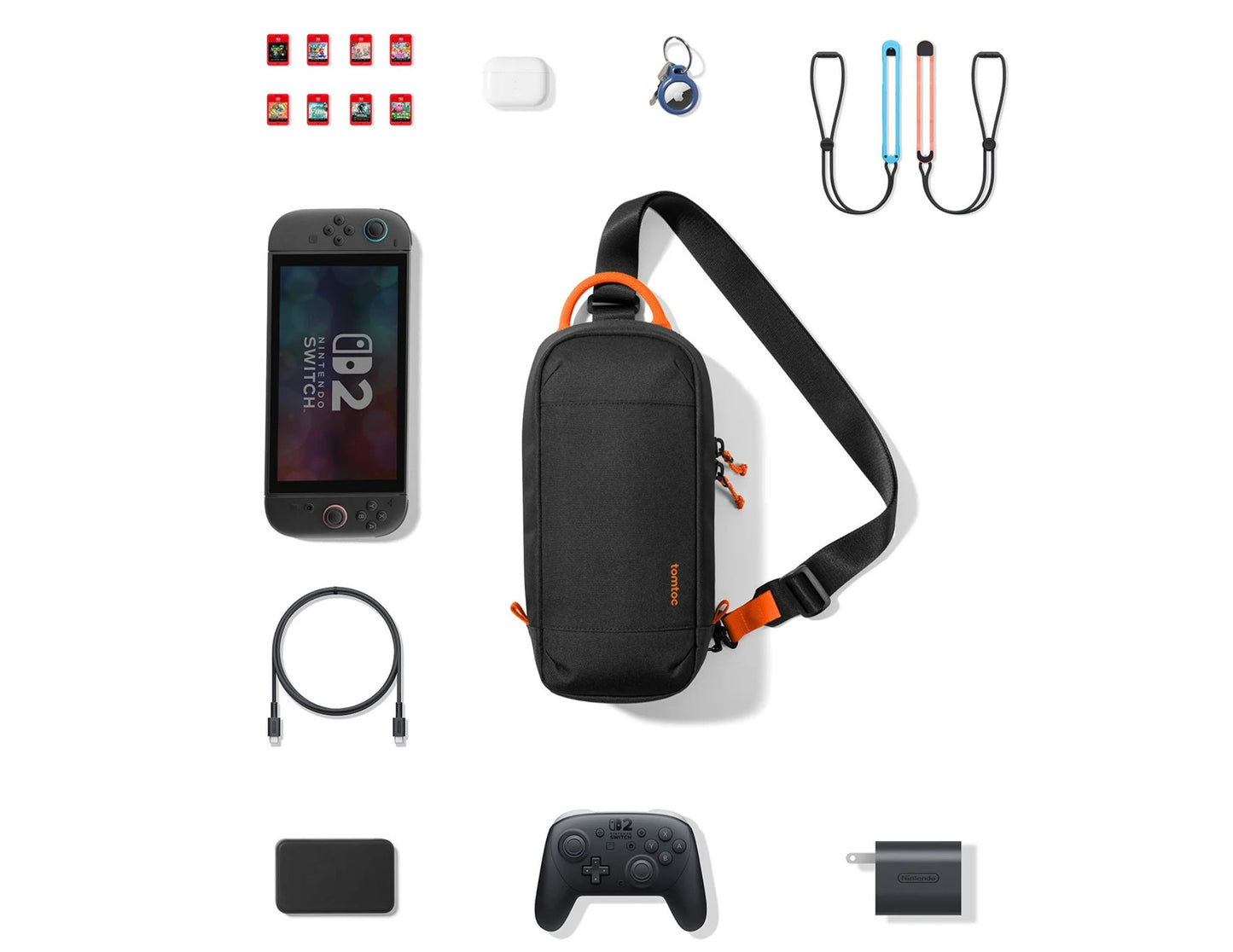 Collection of electronic accessories including a phone, bag, and cables on a white background