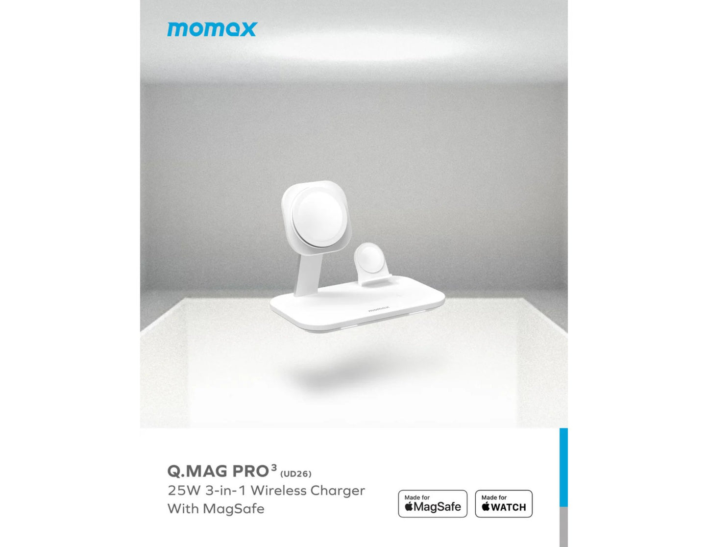 Momax White Q.MAG PRO 3-in-1 wireless charger with MagSafe on a gray background, featuring the momax brand.