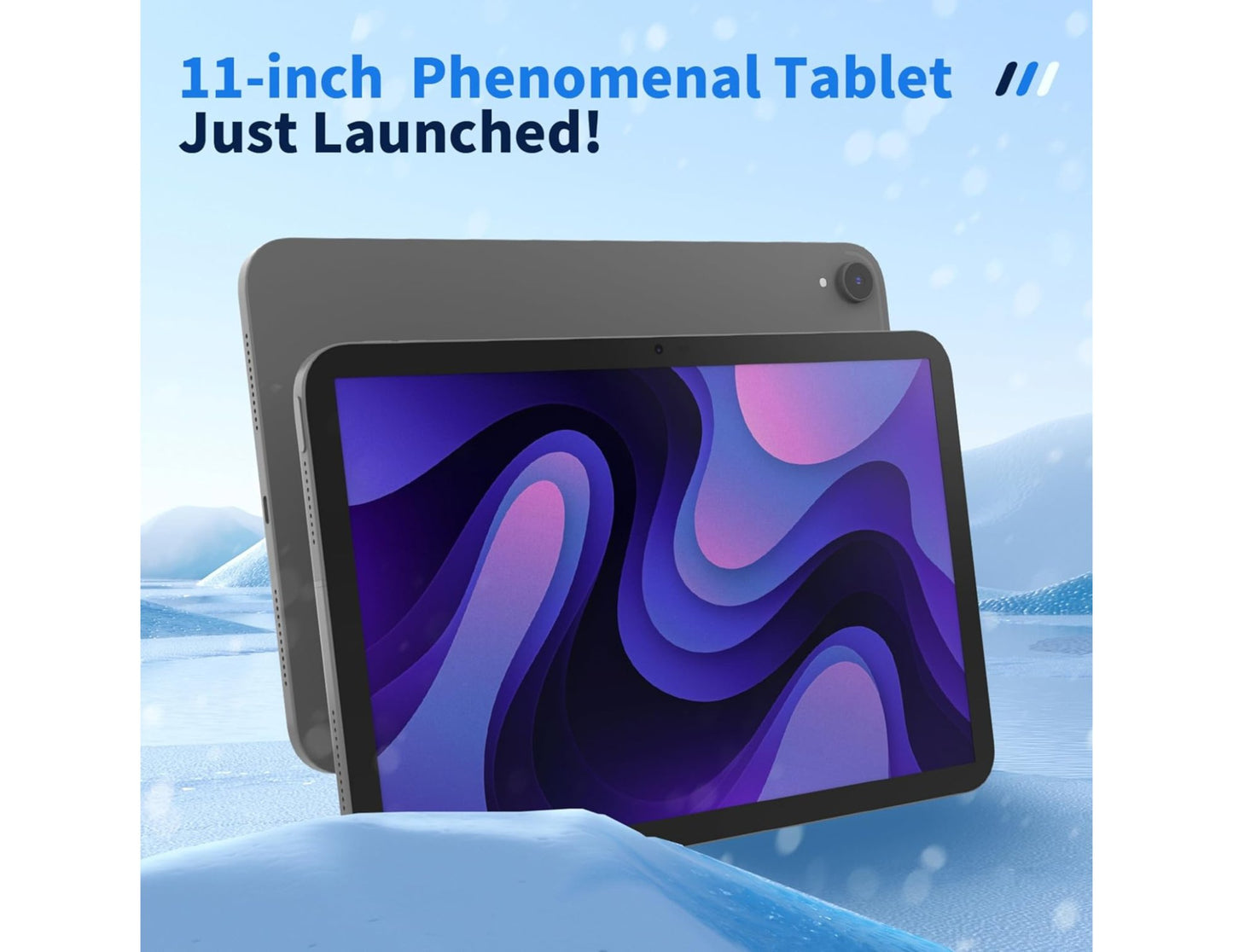 11-inch tablet with a colorful display on a blue gradient background, featuring text '11-inch Phenomenal Tablet Just Launched!'.