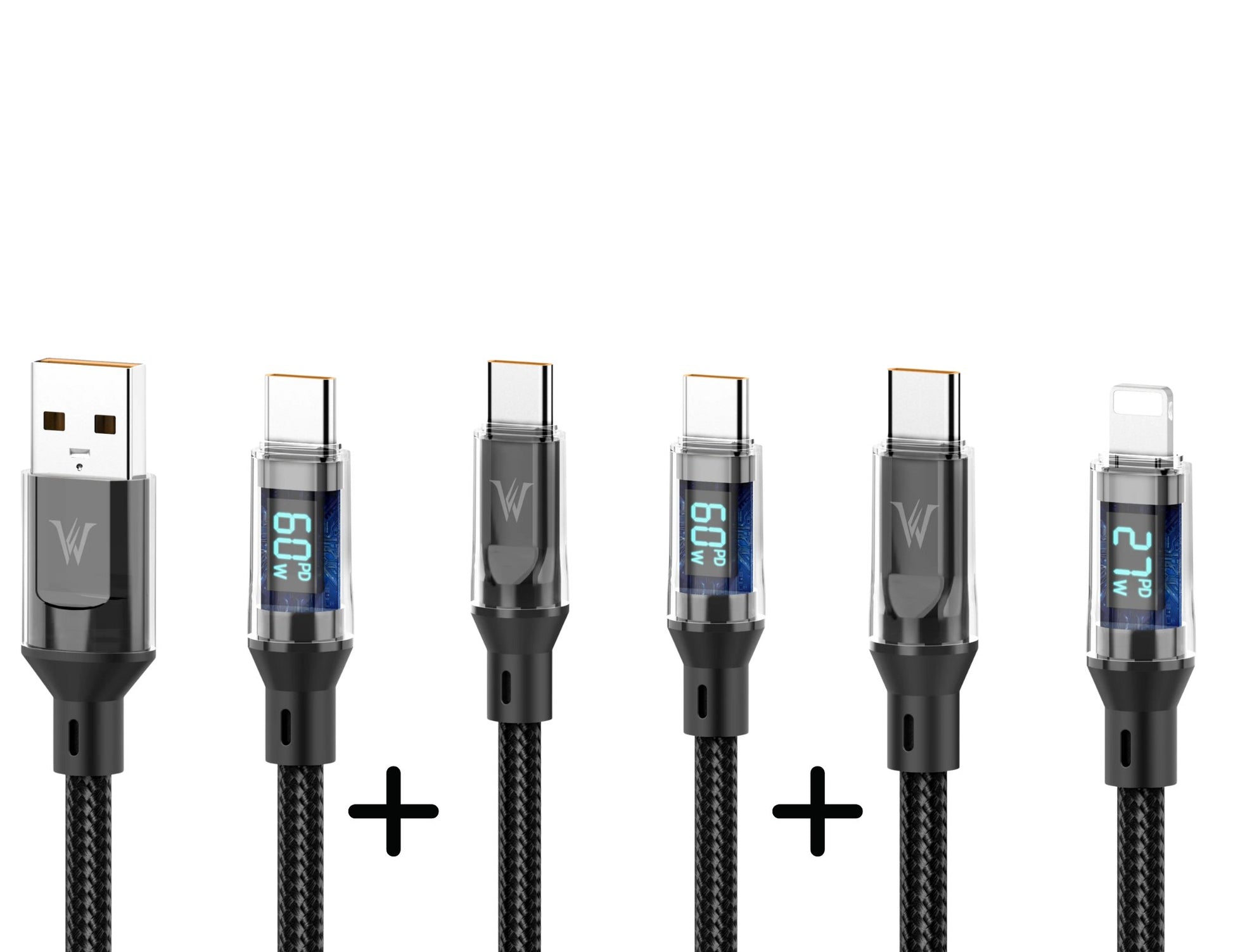 Set of six USB cables with digital displays on a white background