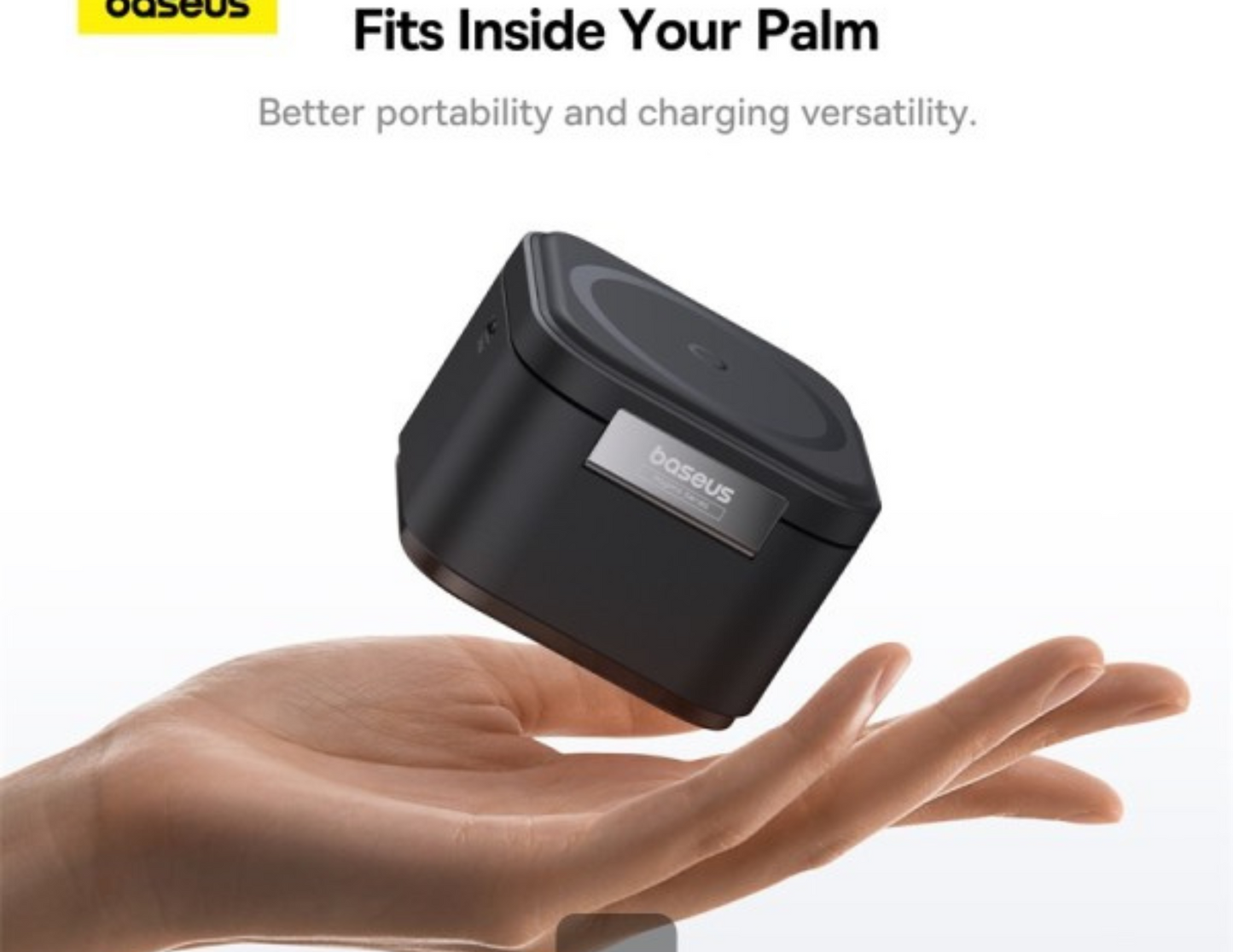 Comparison of the Baseus MagPro Charger in a hand, showcasing its portable size.