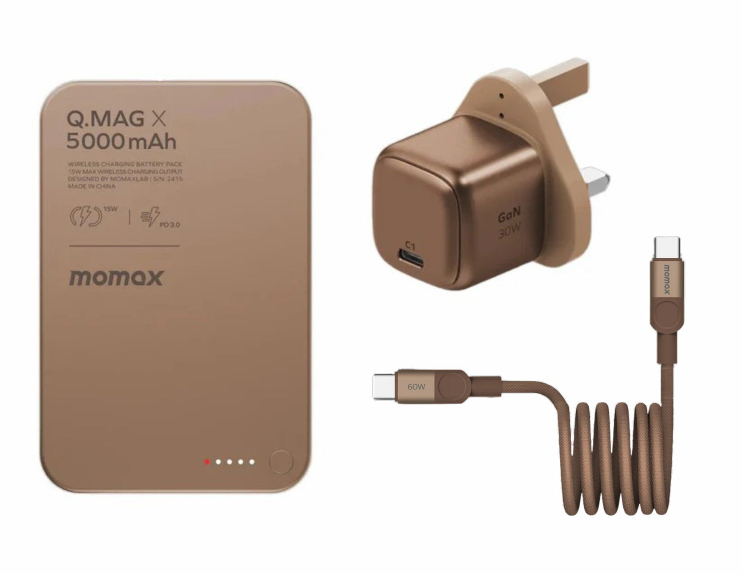 Brown power bank and charger set with 'momox' branding on a white background