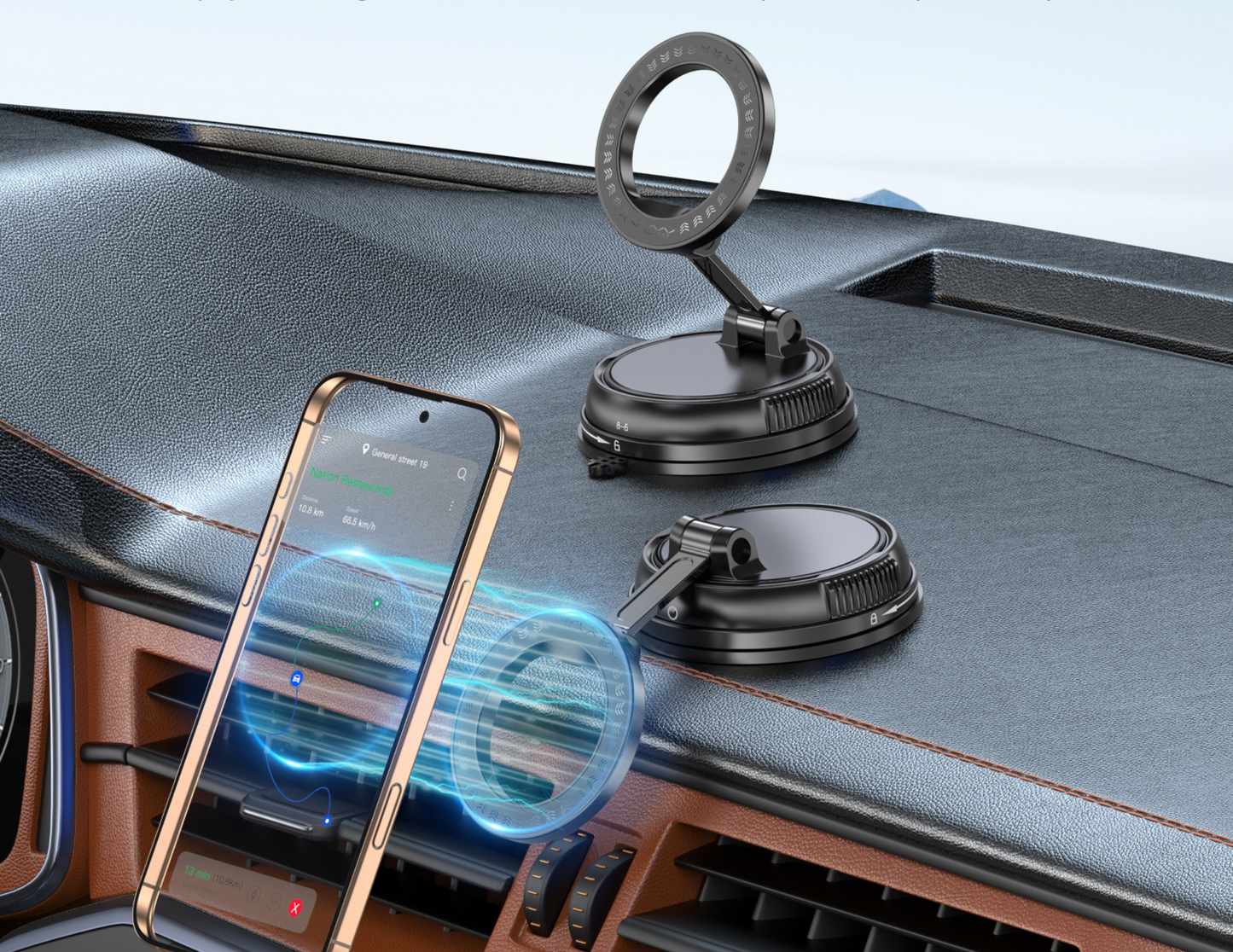 Magnetic Vyvylabs MagLift car mount with suction cup attachment.