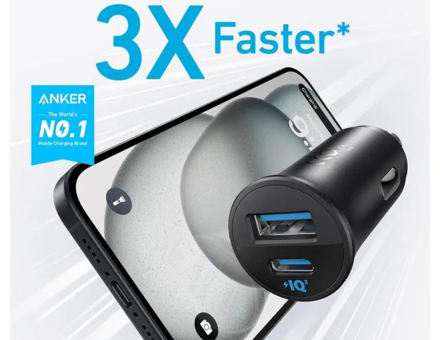 Top view of Anker Dual-Port Car Charger A2741H11 showing the ports with a device