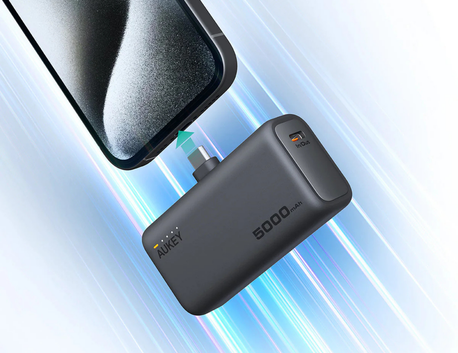 Close-up of the USB-C port on Aukey Spark Mini PB-Y59-GY for fast charging.