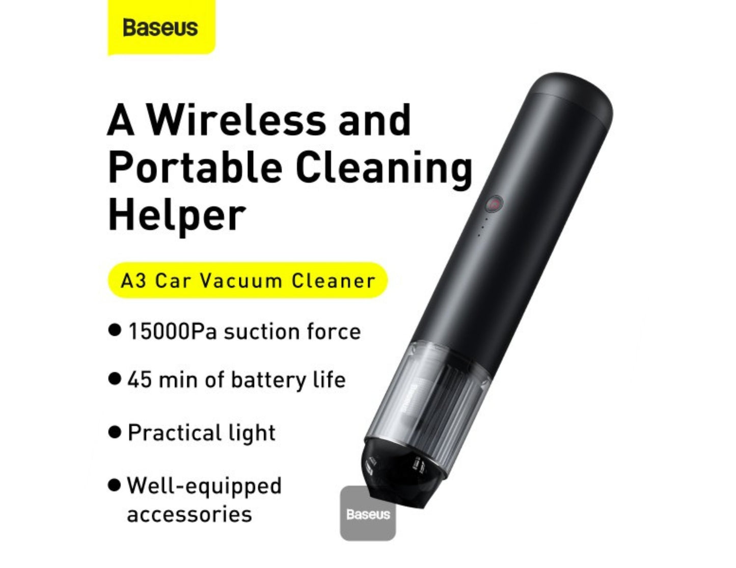 Baseus A3 Car Vacuum Cleaner CRXCQA3-0A, 15000Pa cordless, metal body with lighting, at Thabthaba Store Qatar