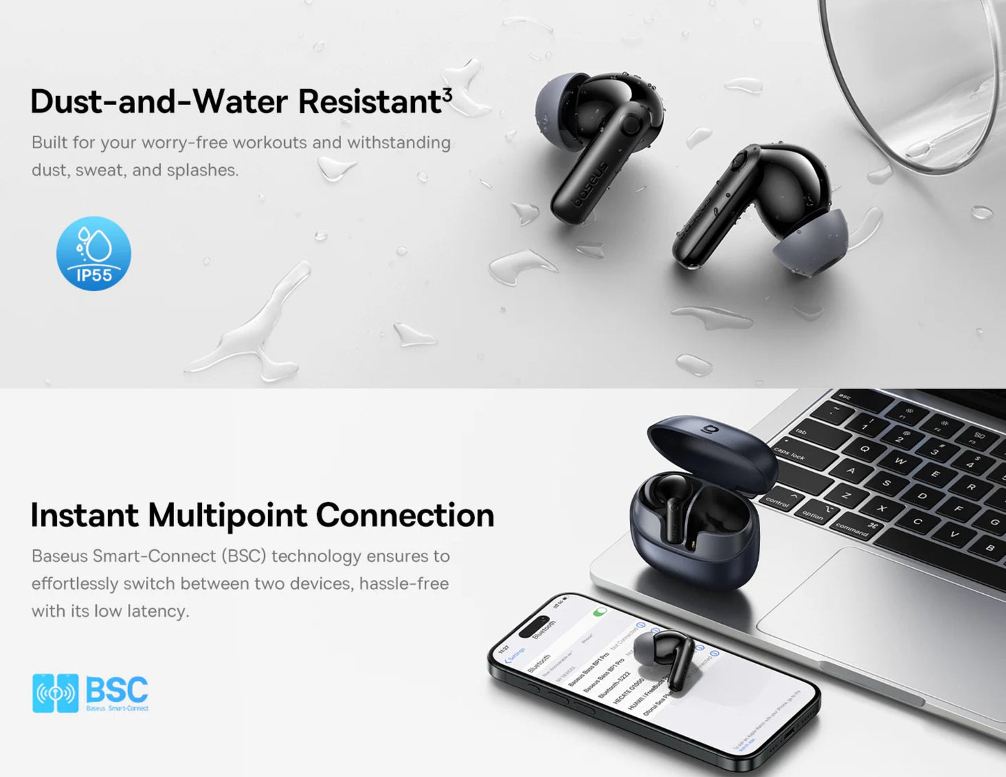 Baseus Bass BP1 Pro in-ear TWS earbuds with ANC, 6-mic AI calls, and Hi-Res LDAC, model A0010504/A0010505, at Thabthaba Store Qatar