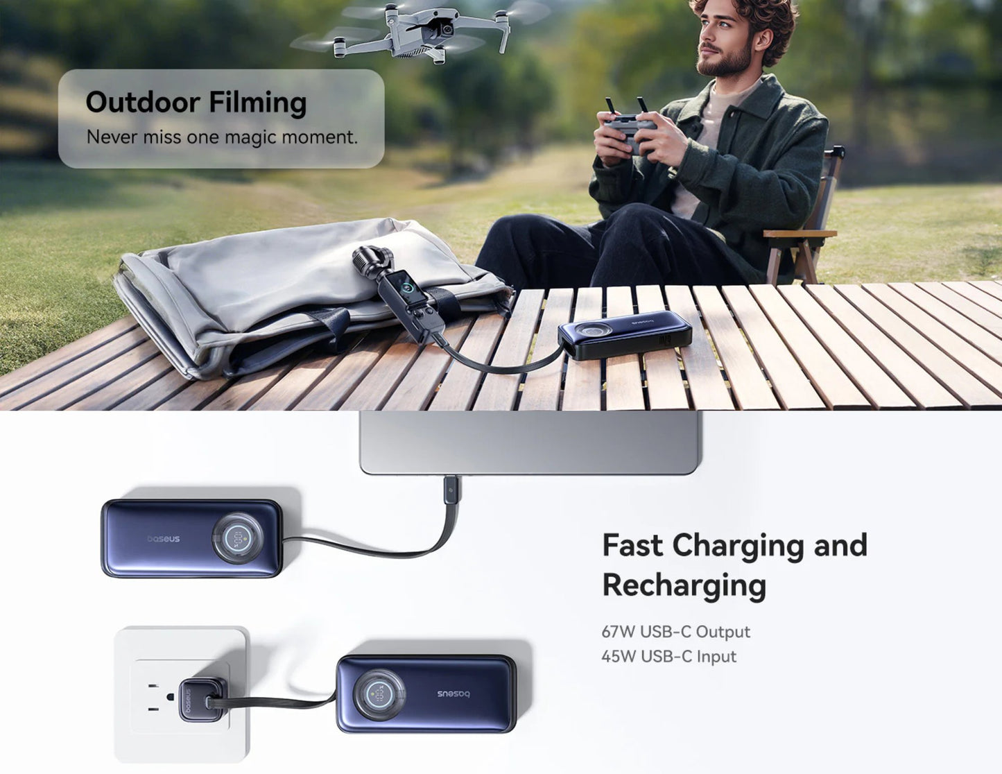 Baseus EnerCore CR11 power bank 20000mAh 67W E0027H00 with retractable USB-C cable, digital display at Thabthaba Store Qatar