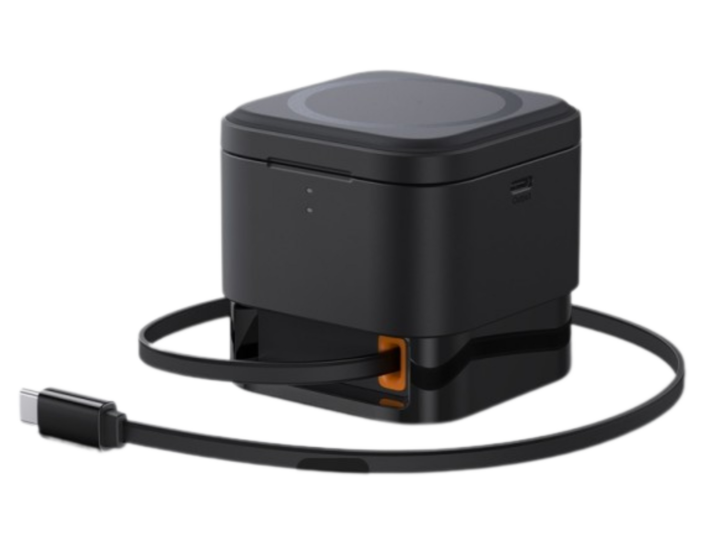 Baseus MagPro 2-in-1 Magnetic Wireless Charger (Black) front view charging iPhone and AirPods.