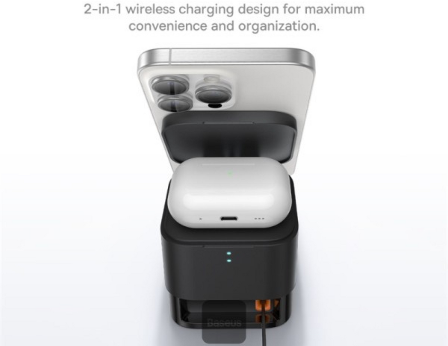 Baseus MagPro Charger in use with iPhone and AirPods placed vertically and horizontally.