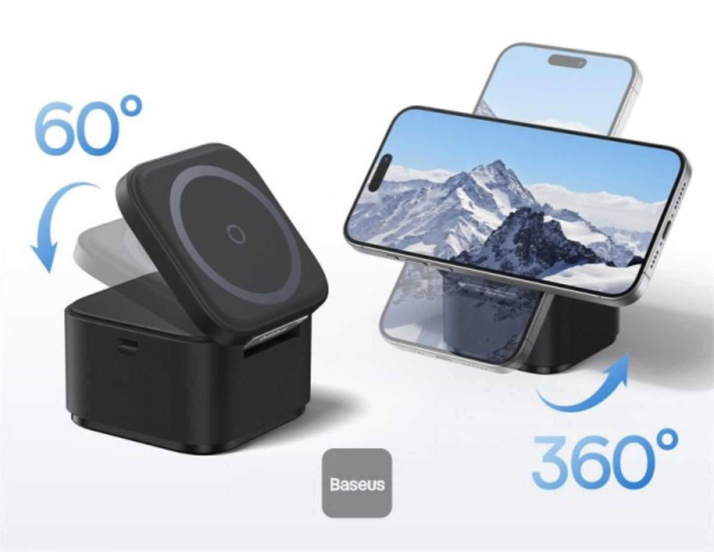 Side view of the Baseus MagPro Charger showing the foldable 60° adjustable design.