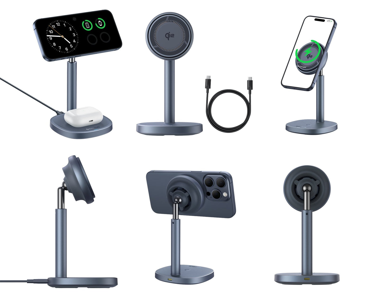 Baseus Orbit 2 Pro P10273500813-00 Qi2 wireless charging stand, air-cooled, dual device design, Space Grey at Thabthaba Store Qatar
