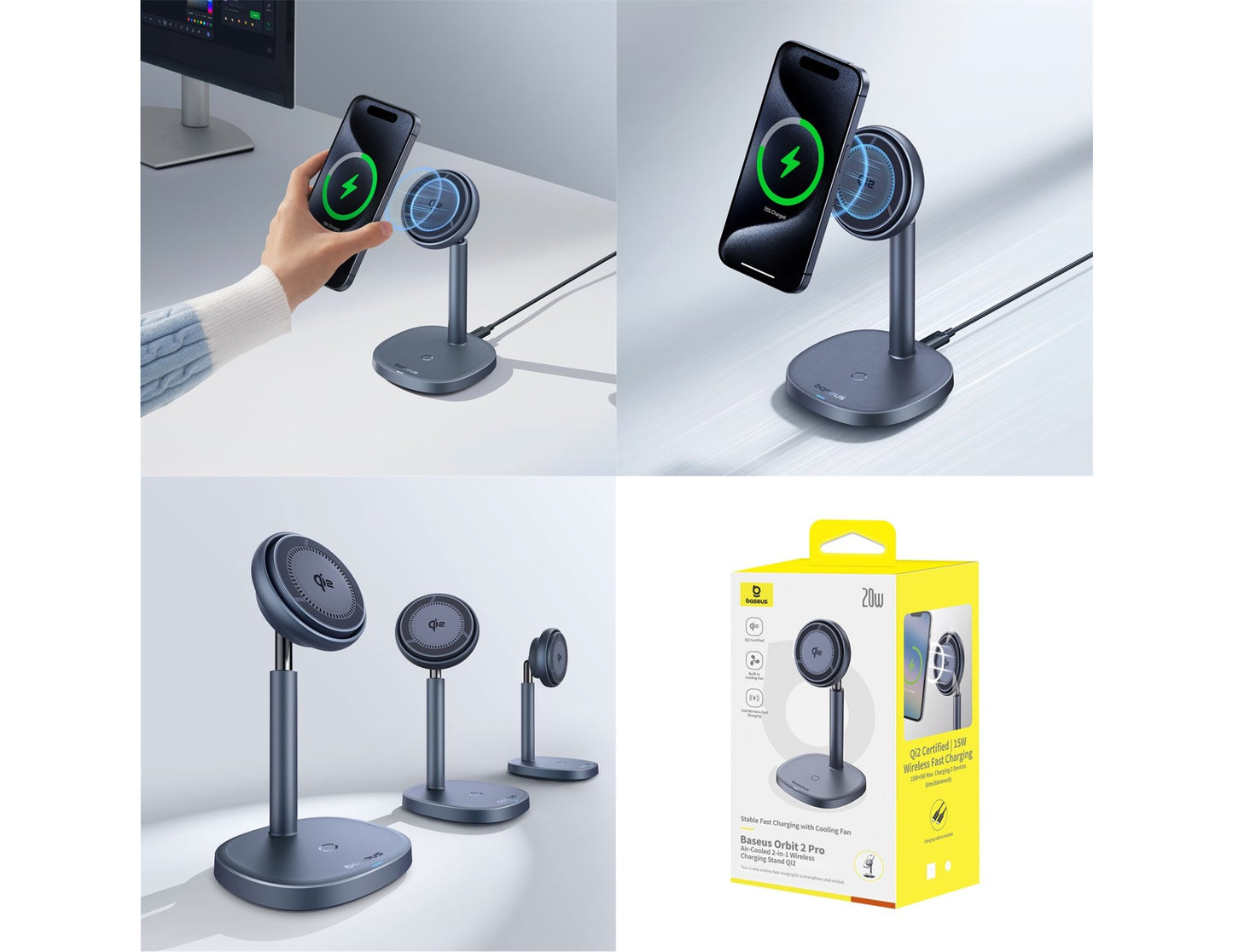 Baseus Orbit 2 Pro P10273500813-00 Qi2 wireless charging stand, air-cooled, dual device design, Space Grey at Thabthaba Store Qatar