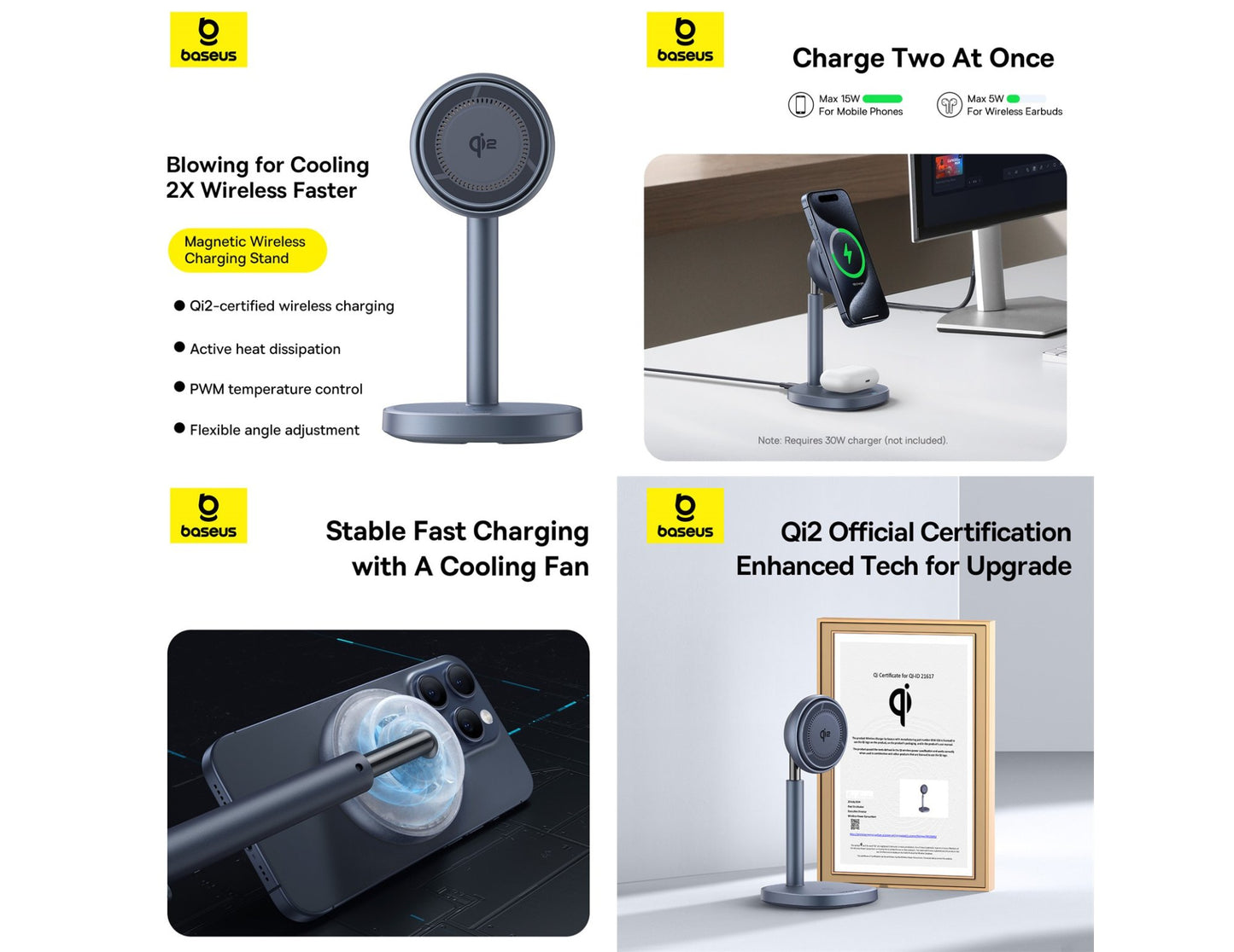 Baseus Orbit 2 Pro P10273500813-00 Qi2 wireless charging stand, air-cooled, dual device design, Space Grey at Thabthaba Store Qatar