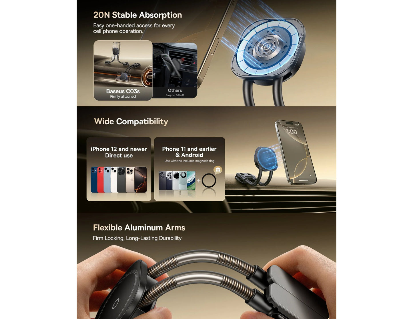 Baseus PrimeTrip C03s magnetic car mount C0013701, stick-on dual-arm design, Cosmic Black, at Thabthaba Store Qatar