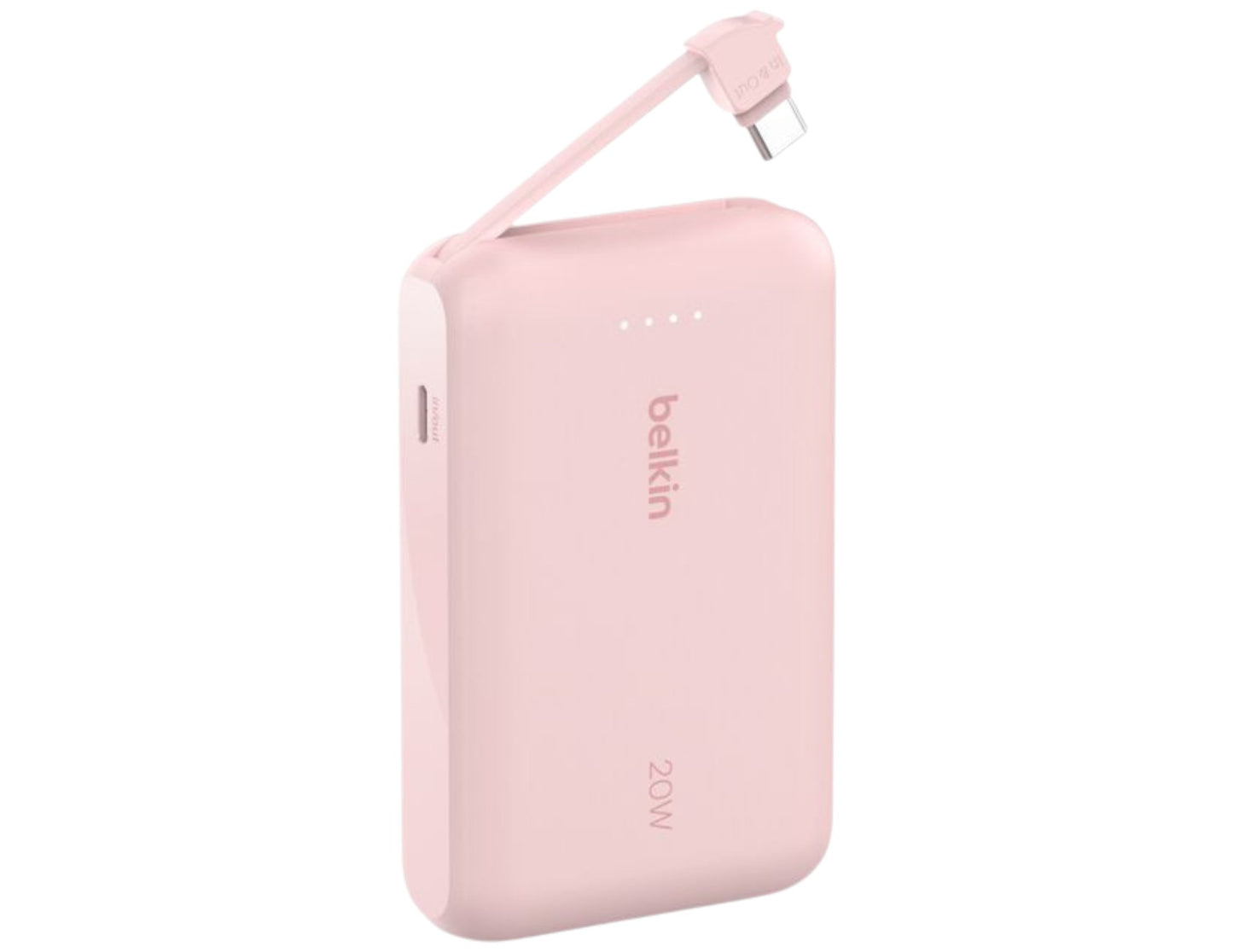 Pink Belkin BoostCharge BPB021hq 10K 20W power bank with USB-C cable from Thabthaba Store on a white background, featuring the Belkin brand.