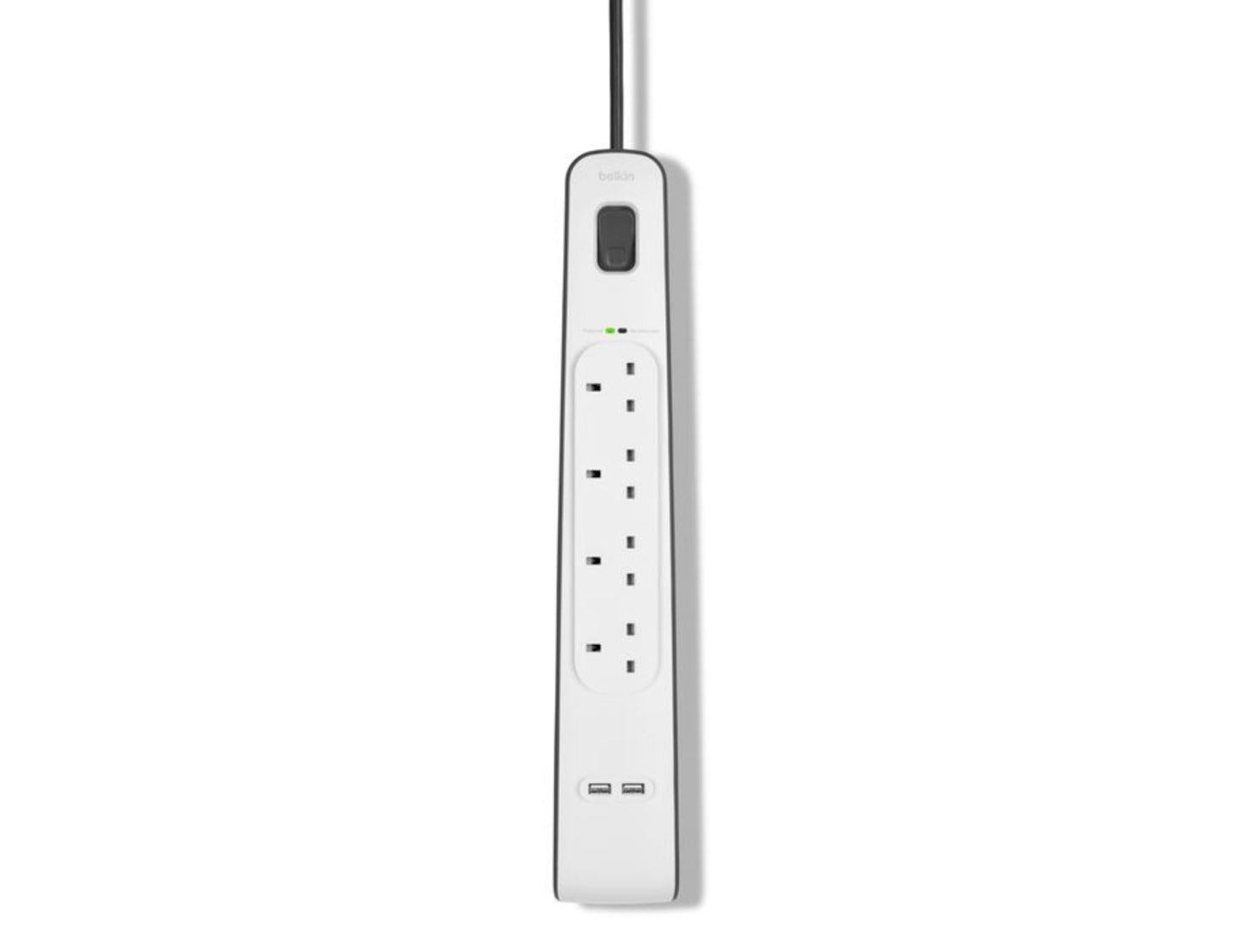 Belkin BSV401af2M 4-outlet surge protector with dual USB ports and 2m cord at Thabthaba Store Qatar.